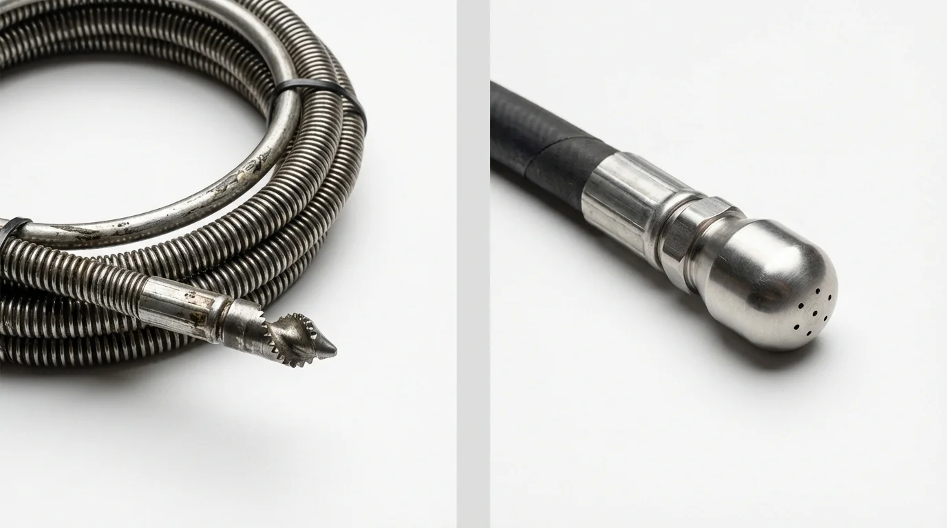 Drain snake cable and hydro jetting nozzle used for drain cleaning in Emerson, NJ