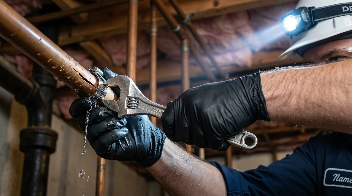 Emergency pipe clamp repair being performed by a Johns Plumbing LLC plumber in Emerson