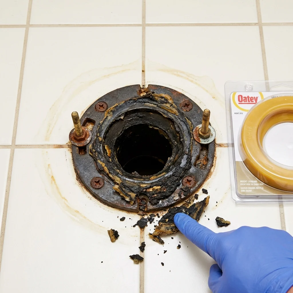 Failed wax ring showing water seepage at the base of a toilet in a Emerson, NJ home