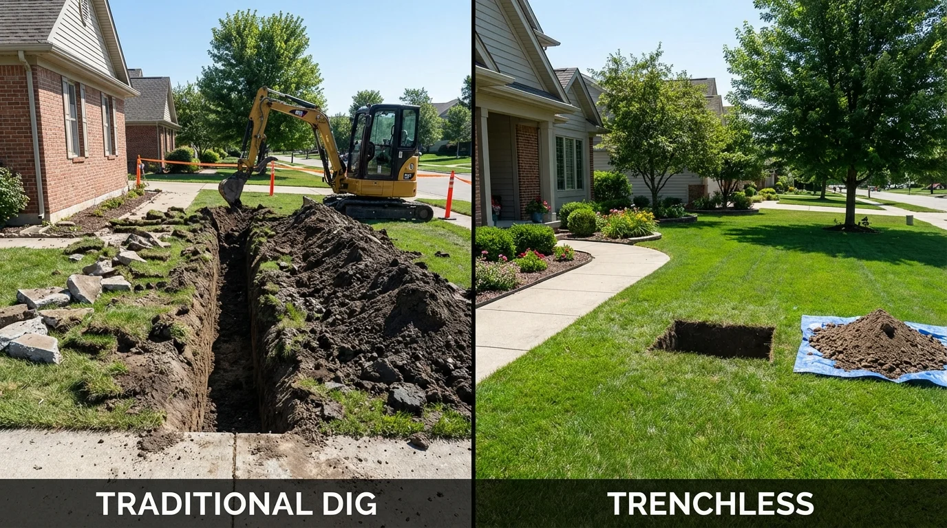 Trenchless sewer repair with minimal yard damage versus traditional excavation in Emerson, NJ