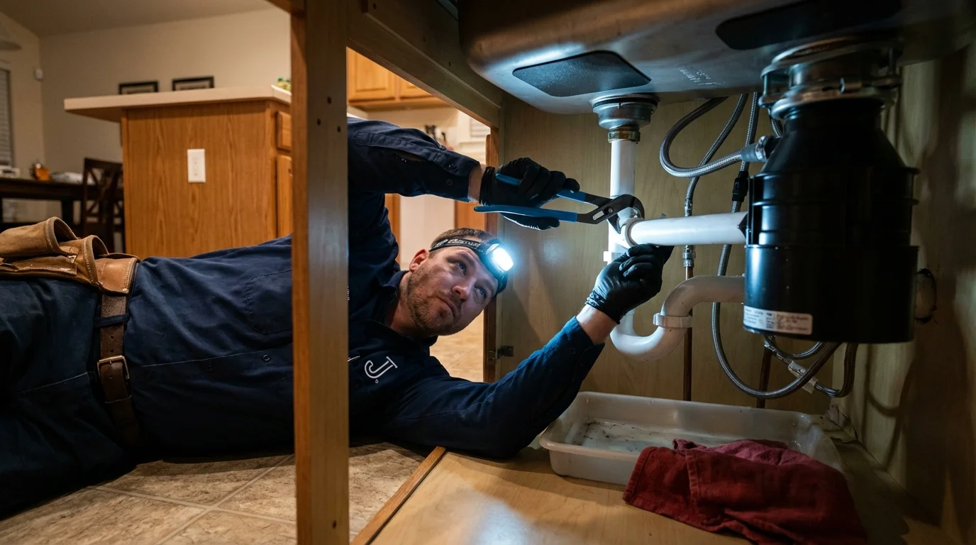 P-trap and supply line connections under a kitchen sink showing a common leak point in Emerson, NJ